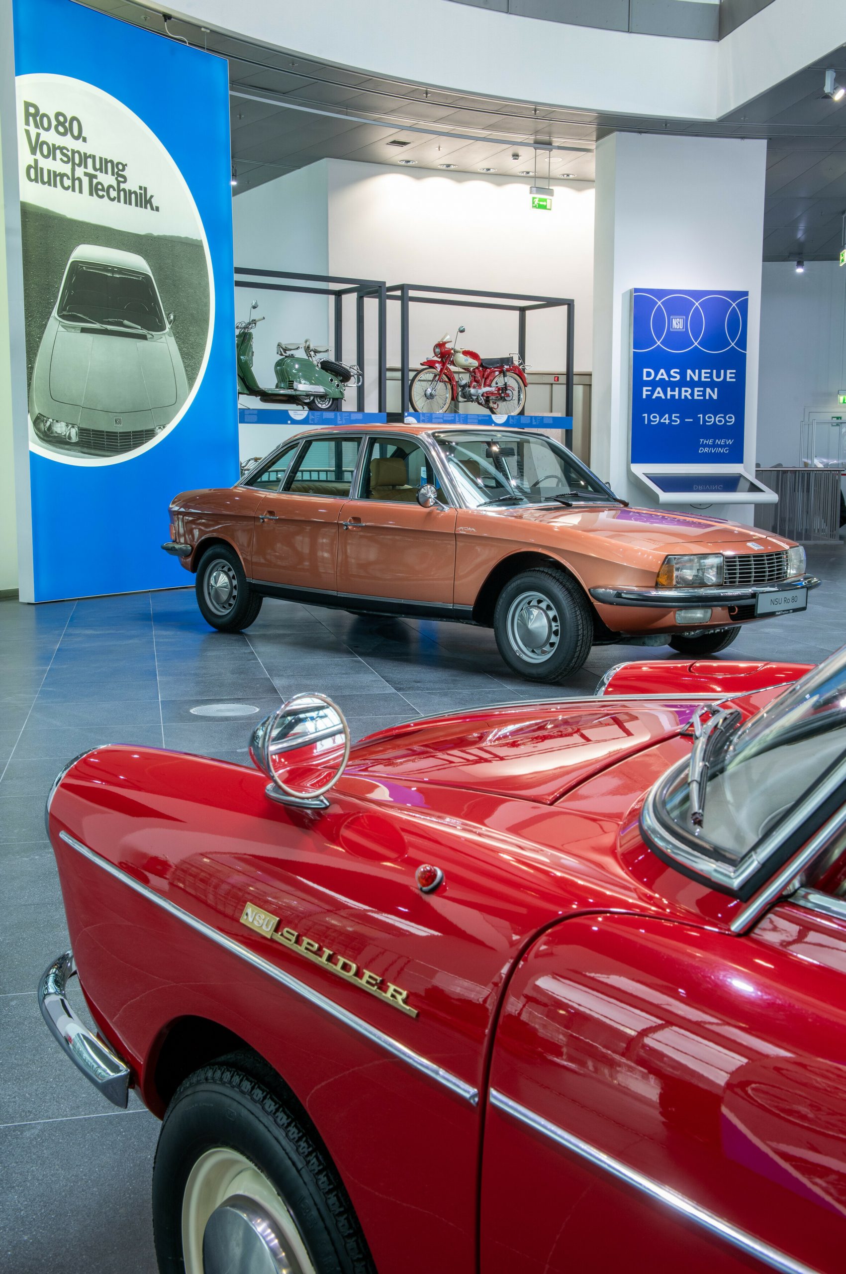Impression from the new special exhibition Der fünfte Ring at the Audi museum mobile: NSU/Wankel Spider was the first car in the world to be driven with a rotary piston motor as standard. In the background, theres a Ro 80.